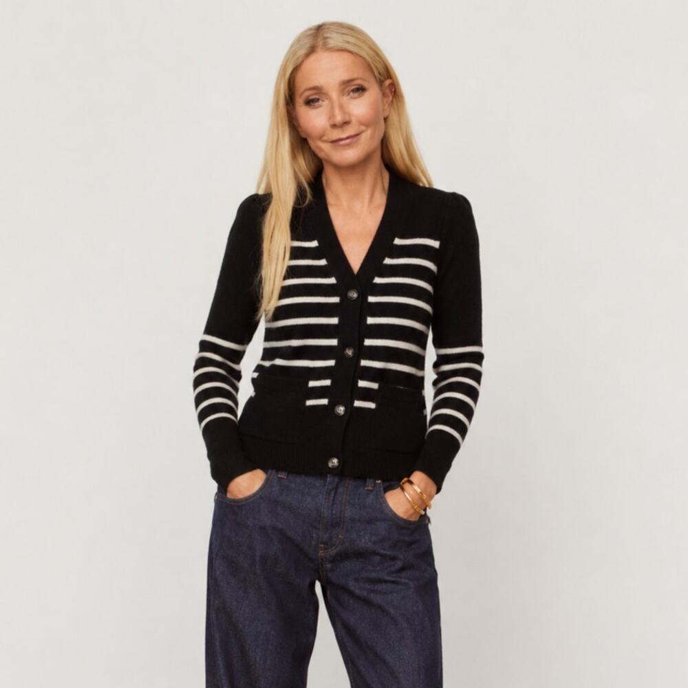 G. Label By Goop Kirstie Striped Cardigan Puff-Sleeve black white striped sz XS